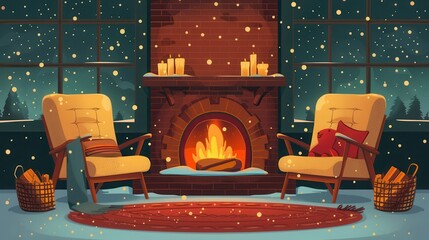 Cozy winter scene with two armchairs by the fireplace, snow falling outside. Perfect scene of warmth and comfort during the holiday season.