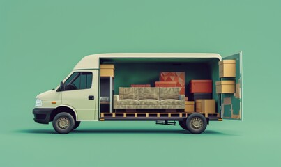 white moving truck furniture inside minimalistic illustration style simple background 3D rendering high resolution detail sharpness contrast natural light color