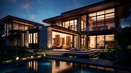 Wall Mural - 3d rendering of modern cozy house on the hill with garage and pool for sale or rent with beautiful landscaping on background. Clear summer night with many stars on the sky.