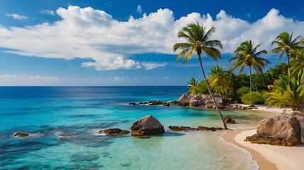 Summer vacation view with ocean and palms, tropical ocean beach paradise