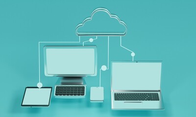 Poster - Cloud data storage concept with connected devices on blue background. 3d rendering 