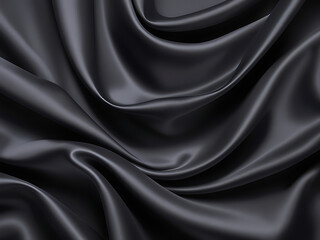 Black silk background with dark luxurious fabric draped texture folds in waves of flowing soft pattern, abstract satin or velvet cloth in luxury material design. ai