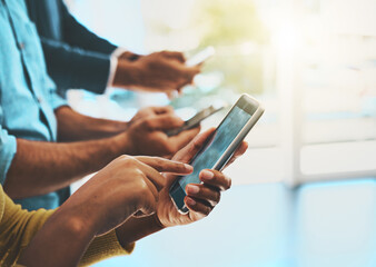 Aufkleber - Business people, phone and hands in waiting room for communication, networking and contact us. Group typing, search and reading on mobile app for recruitment services, schedule or human resources FAQ