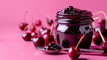 Wall Mural - Jar of cherry jam surrounded by fresh cherries on pink background