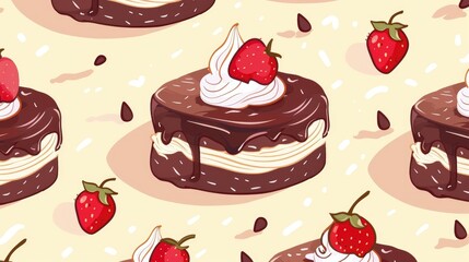 Canvas Print - Chocolate strawberry cake with a light yellow background Cute cartoon wallpaper featuring bakery elements