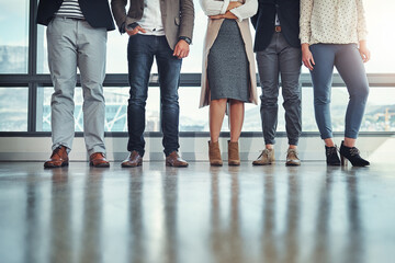 Aufkleber - Business people, fashion and legs in modern office, shoes and creative agency for cooperation. Feet, closeup and employees in workplace, collaboration and startup for graphic design, group or waiting