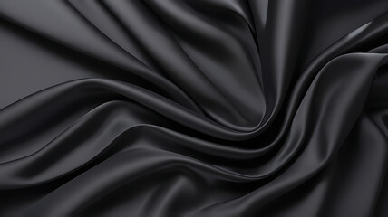 Black silk background with dark luxurious fabric draped texture folds in waves of flowing soft pattern, abstract satin or velvet cloth in luxury material design. ai