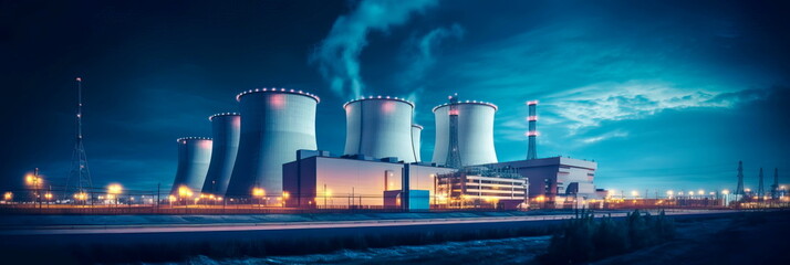 Nuclear Power Plant at Night illuminated at night, with lights on the structures and cooling towers. Generative AI