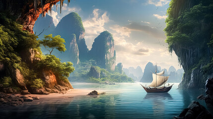 Wall Mural - A boat is sailing in a beautiful