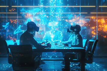 Two people wearing VR headsets interact in a futuristic office setting filled with glowing blue data.