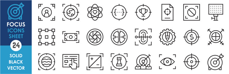 Leinwandbilder - A set of line icons related to focus. Focus, target, worldwide, money, aperture, camera, fingerprint, vision, business. Vector outline icons set.