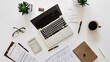© PondLord - An overhead shot of a minimalist workspace with a laptop, financial statements, a calculator, a pen, and a cup of coffee on a white desk.