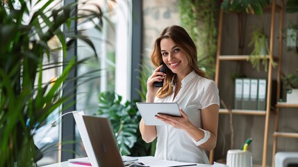 A smiling account manager standing in a modern office, talking on the phone while jotting down notes, conveying professionalism and customer service.