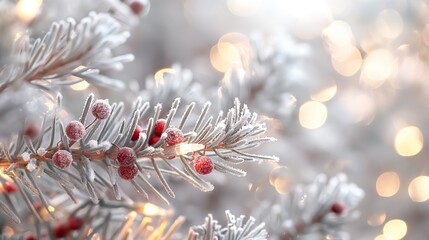 Wall Mural - A tree branch covered in snow and red berries. Christmas background