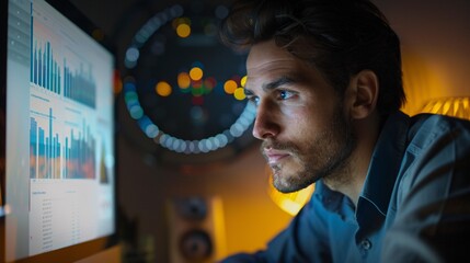 Wall Mural - an account manager working late at the office, analyzing sales data on a computer screen with a focu