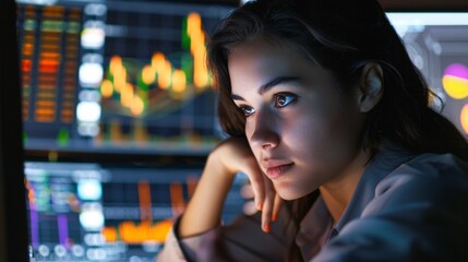 Wall Mural - an account manager working late at the office, analyzing sales data on a computer screen with a focu