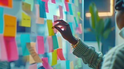 Wall Mural - a hand arranging sticky notes