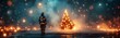 © Neuro architect - A fireman in uniform extinguishes a burning tree against the backdrop of Christmas lights. Concept: fire hazard during the holidays, fire hazard