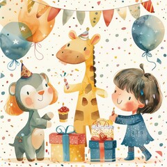 Cute animals and children, birthday party with gifts and confetti, watercolor technique, flat design illustration