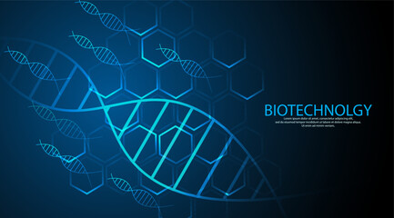 DNA background abstract blue. Molecule, helix, and atom. Science and biotechnology concept