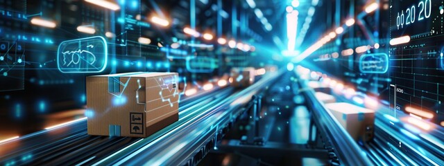 Poster - Fast Delivery.  Packages Moving on Conveyor Belt with Digital Data