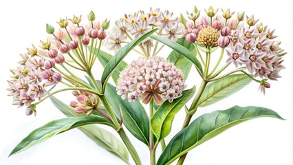 Canvas Print - Delicate strokes in watercolor reveal the whispering elegance of Asclepias flowers, painting a serene portrait on a canvas of pure white.