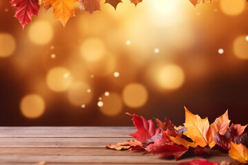 fall leaves on wooden ground in front of a blurry bokeh background, space for text, template, invitation