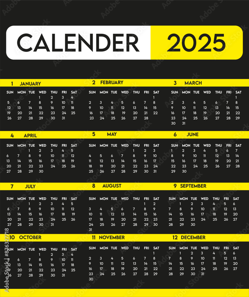 BLACK AND YELLOW 2025 calender template design vector illustrator File ...