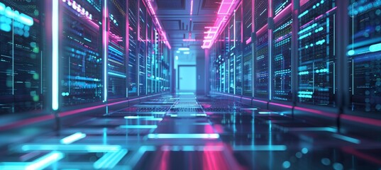 Poster - Advanced data center server room with glowing neon lights and futuristic technology