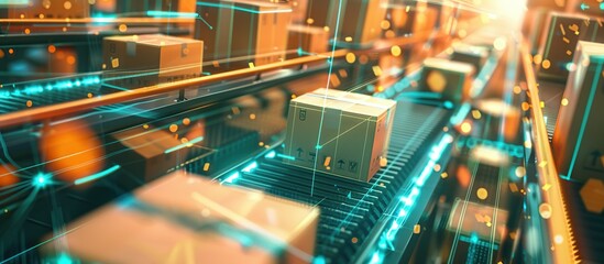 Poster - Futuristic warehouse with digital technology and automated package sorting. High-tech logistics and delivery concept.