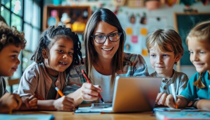 Poster - Female teacher with glasses and diverse students engaging in creative learning activities