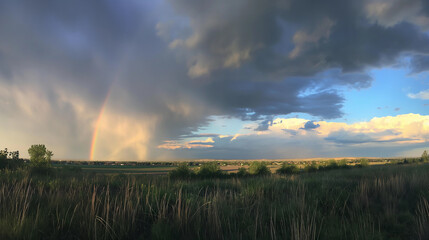 Wall Mural - a flat landscape, with rain clouds and rainbows over the horizon.