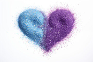 An abstract of heart shape from purple and blue sand bling particles isolated on white background