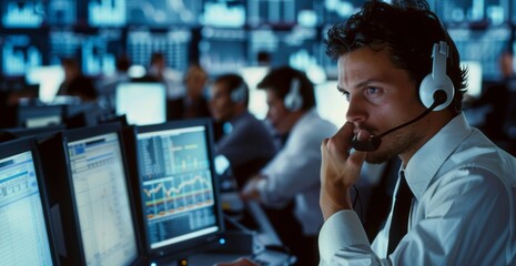 Poster - Focused businessman analyzing stock market data in a lively trading room