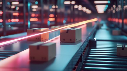Poster - Packages on a conveyor belt with neon lights in a warehouse, automated delivery system, e-commerce