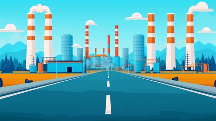 Sticker - Dive into the world of industrial landscapes with illustrations featuring power plants, refineries, and oil drilling platforms amidst bustling cities. Clean and Clear Color, Realistic Photo, ,