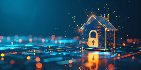 A digital representation of a house with a lock symbol, surrounded by a network of glowing lines. This image highlights the concept of home cybersecurity and the protection of smart homes.