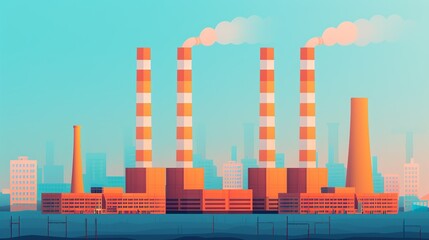 Sticker - Dive into industrial landscapes with illustrations featuring power plants, refineries, and oil drilling platforms set against vibrant urban backdrops. Clean and Clear Color, Realistic Photo, ,