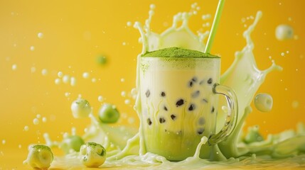 Wall Mural - Glass of matcha tea latte with tapioca balls and milk spill on yellow backdrop