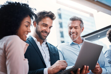 Leinwandbilder - Business people, laptop and laughing for research in collaboration for funny website review or reading project feedback. Marketing team, employees or tech for b2b networking or planning ideas at work
