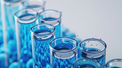 Wall Mural - blue liquid filled test tubes on a light grey background with blank space