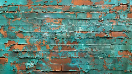 Wall Mural - Vintage Turquoise Peeling Paint Texture on a Brick Wall.