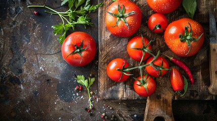 Wall Mural - Fresh Tomatoes and Herbs on Rustic Table