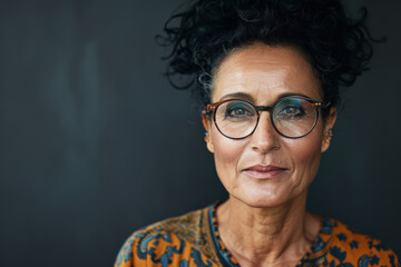 Wall Mural - Close-up portrait of a middle aged woman of Middle Eastern descent, studio photo, against a sleek gray studio backdrop