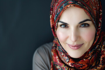 Wall Mural - Close-up portrait of a middle aged woman of Middle Eastern descent, studio photo, against a sleek gray studio backdrop