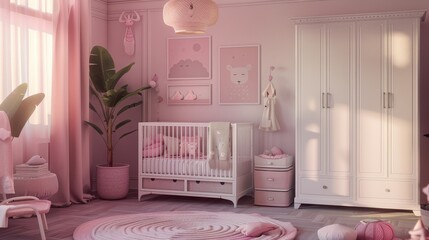 Canvas Print - Baby's nursery room, featuring a crib, wardrobe, and decorative elements such as posters and toys