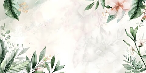 Wall Mural - Pastel bohemian watercolor floral border with green foliage and wildflowers on white background. Concept Pastel Bohemian, Watercolor Floral, Green Foliage, Wildflowers, White Background