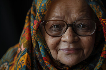 Wall Mural - Close-up portrait of a middle aged woman of Middle Eastern descent, studio photo, against a sleek gray studio backdrop