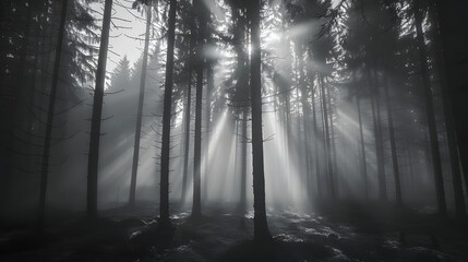 Poster - realistic dark misty forest with tall trees in black and white in the dusk, rays in the fog