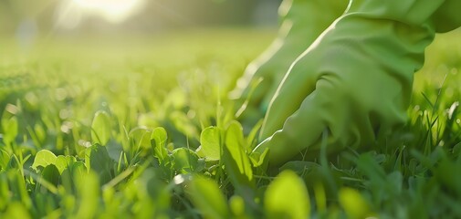 Aufkleber - A person wearing green gloves is tending to a field of grass